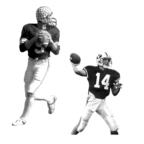 Black and white cut out images of football players Jim McMahon and Ty Detmer.