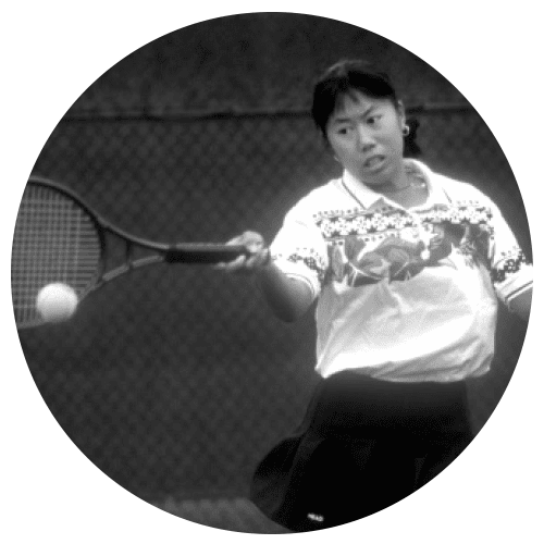 A black and white image of tennis player Eline Chiew.