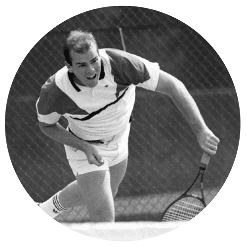 A black and white image of tennis player David Harkness.