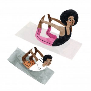 A woman and a boy doing a yoga pose on mats. They are on their bellies and reaching back to grab their feet.