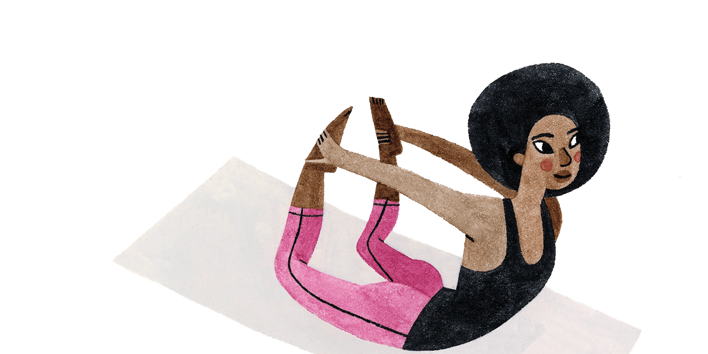 An illustration of a woman doing a yoga pose on mats. She is on their bellies and reaching back to grab her feet.