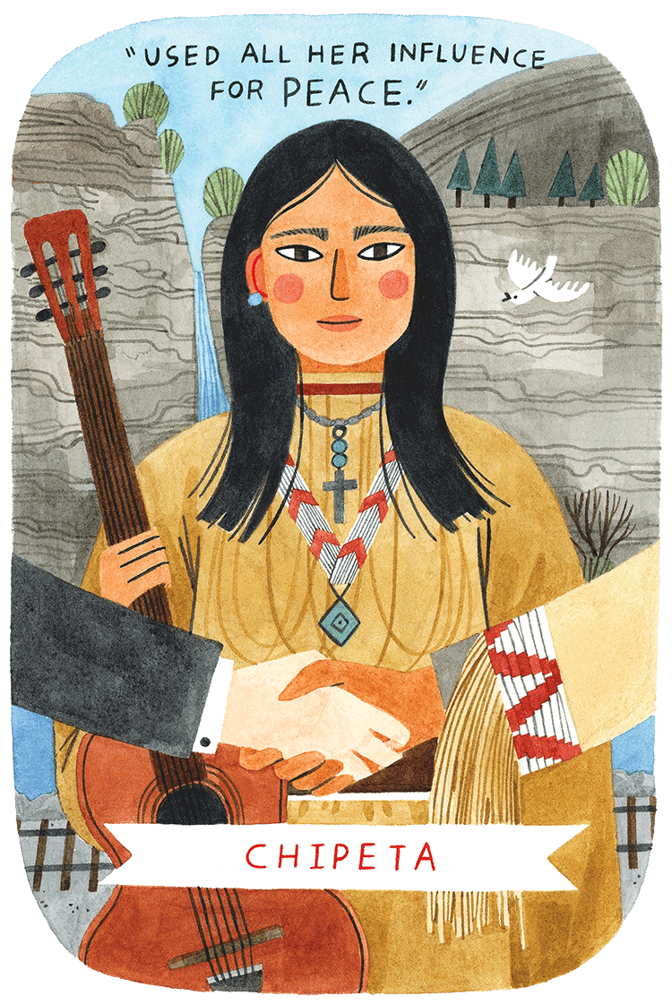 An illustration of Native American Chipeta. The phrase "Used all her influence for peace" is above Chipeta's head.