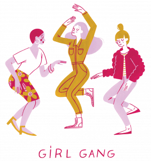 An illustration of three women dancing with the words
