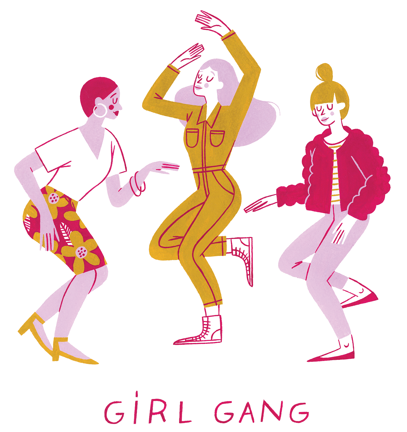 An illustration of three women dancing with the words "Girl Gang" below it.
