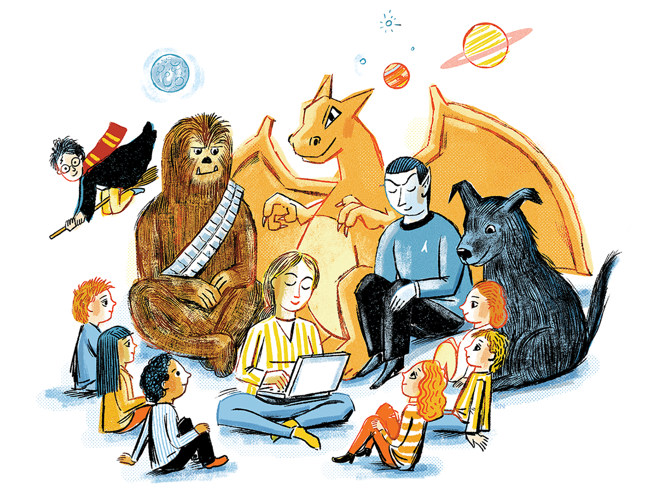 An illustration of online teacher Lauren Ard surrounded by fantasy characters like Chewbacca, Harry Potter, a dragon, and Spock.