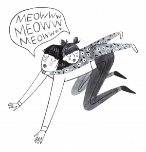 A black and white illustration of a mom down on all fours with her daughter hanging on to her neck and on top of her back. They have a speech bubble coming from both of them that says,