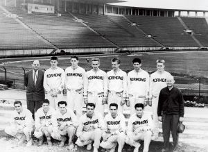 An archival photo of the 1950 men's basketball team in South America.