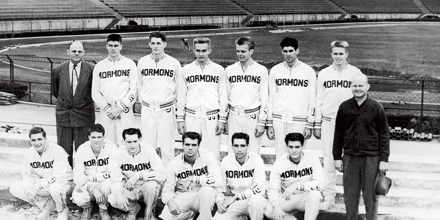 An archival photo of the 1950 men's basketball team in South America.