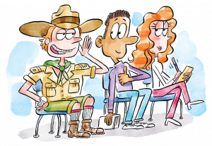In this cartoon, a male BYU student dressed as an Australian whispers to the guy next to him, a red-haired female looks on.