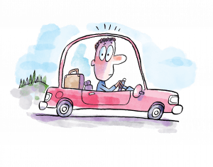 In this cartoon illustration, the driver of a pink car appears wide-eyed and uneasy.