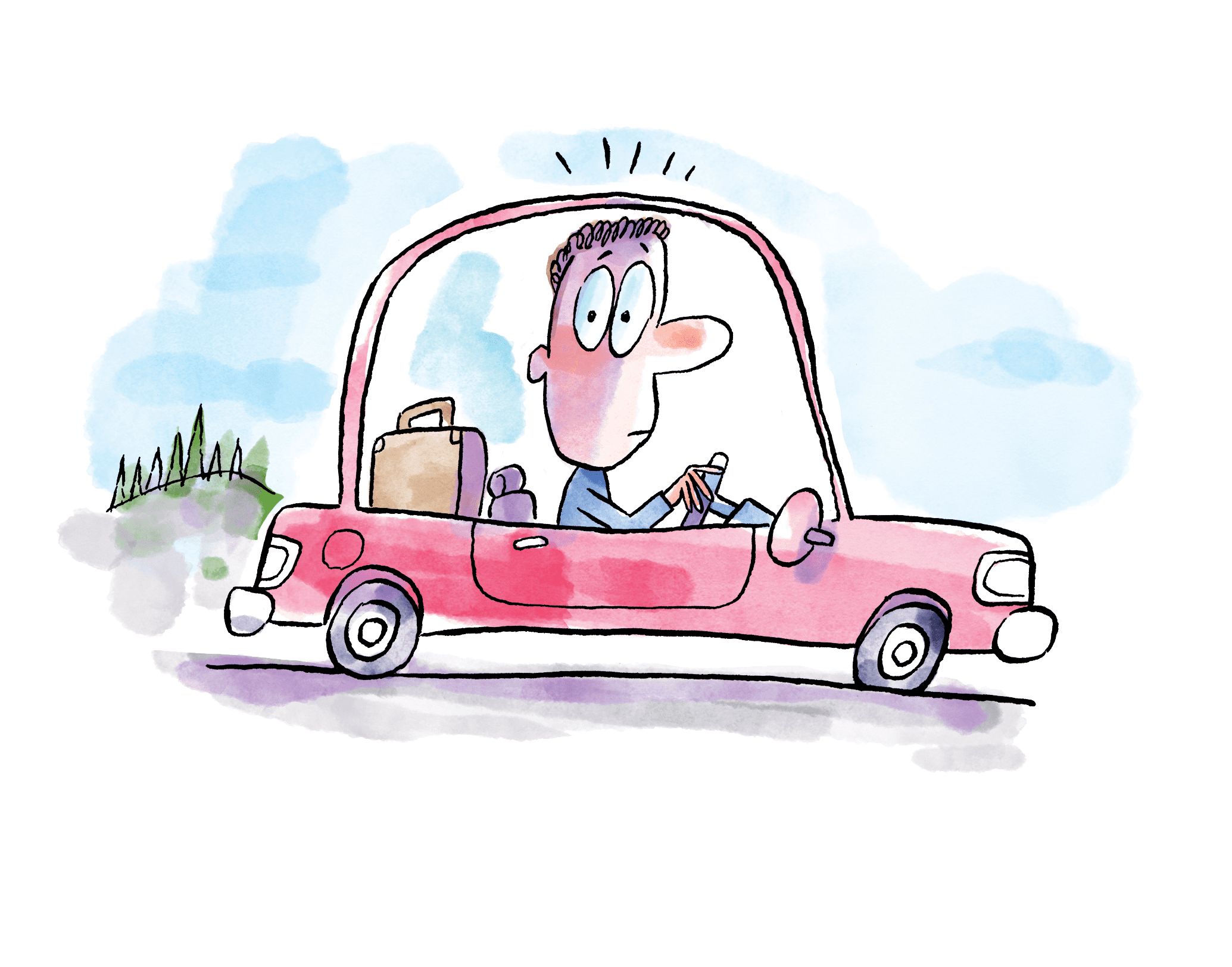 In this cartoon illustration, the driver of a pink car appears wide-eyed and uneasy.