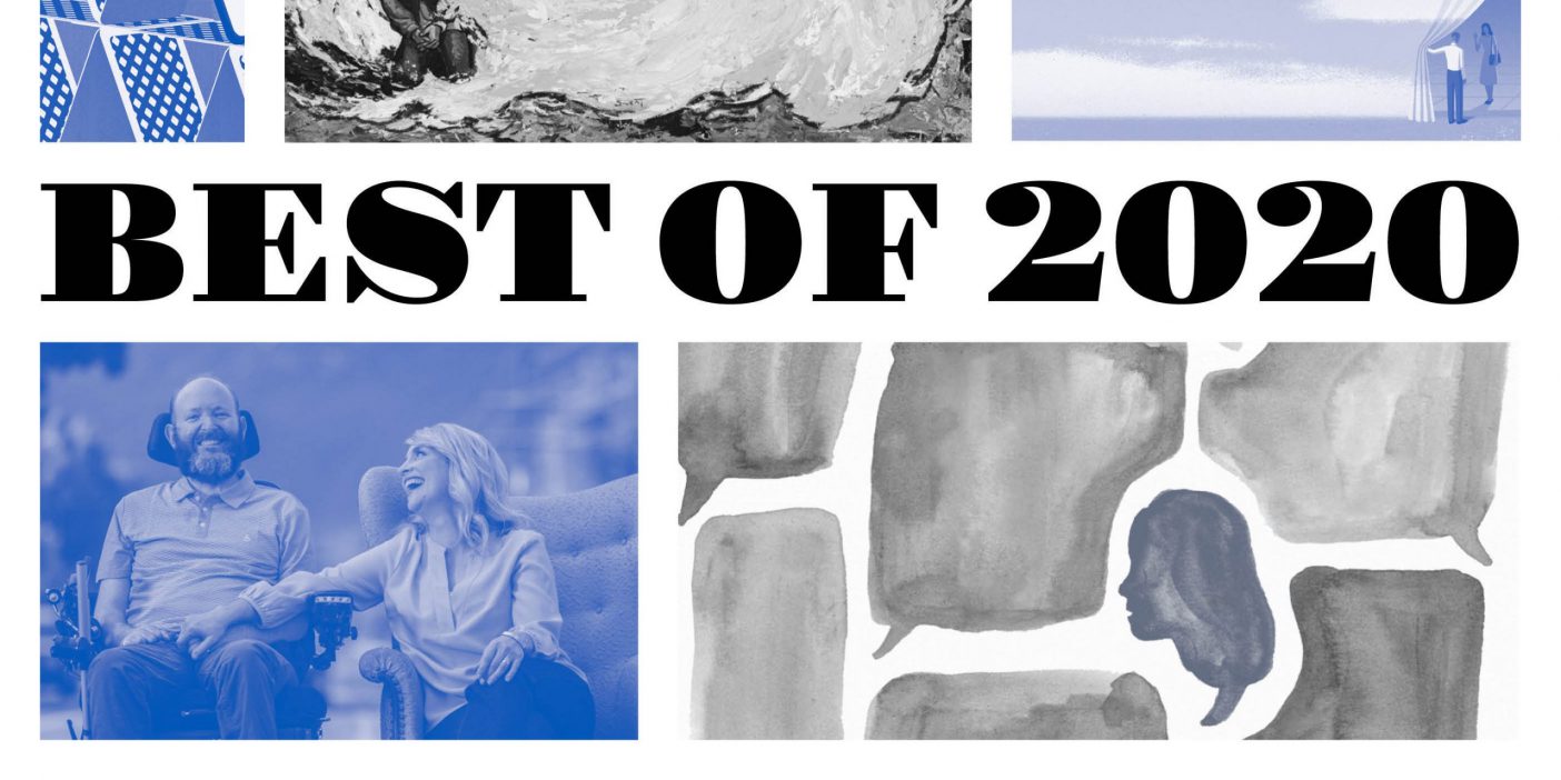 A mosaic of images with the words "Best of 2020" in the middle. Images are in black and white and blue and include images of the First Vision, Evelyn Harper, Lisa and Christopher Clark, and an illustration of a woman speaking.