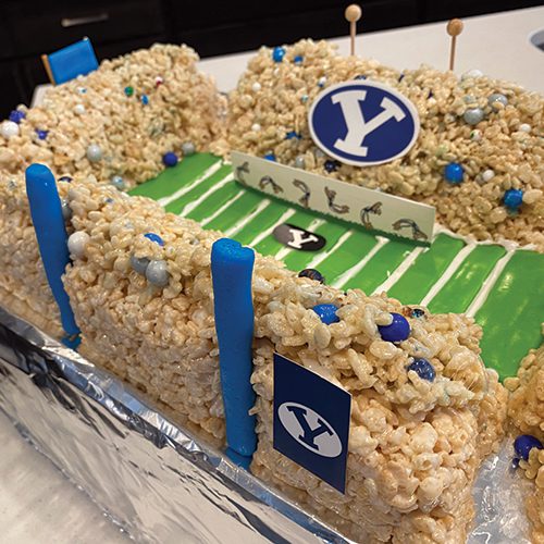 A BYU football stadium created with rice crispy treats and other candy.