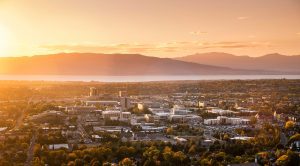 An aerial shot of BYU at dusk.