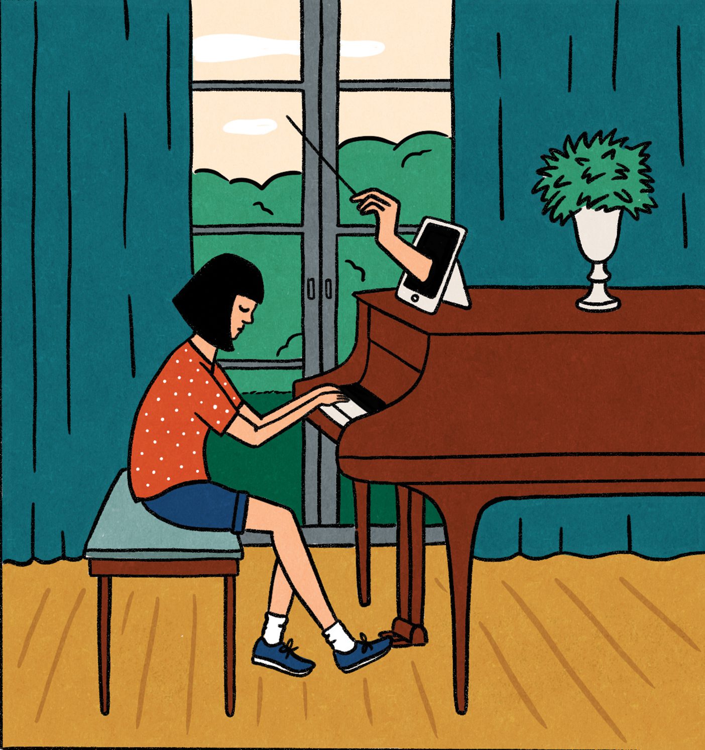 Illustration of a piano student receiving instruction from a hand extending out of a tablet computer.