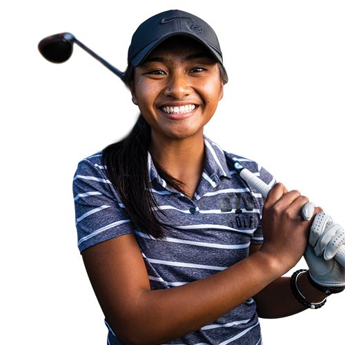 Portrait of BYU golfer Allysha Mateo with a golf club held up at her shoulder.