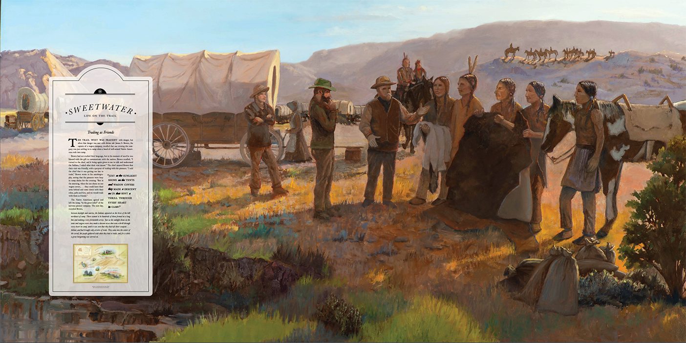A mural from BYU's Heritage Halls of an trade taking place between Latter-day Saint pioneers and the Lakota tribe in Wyoming.
