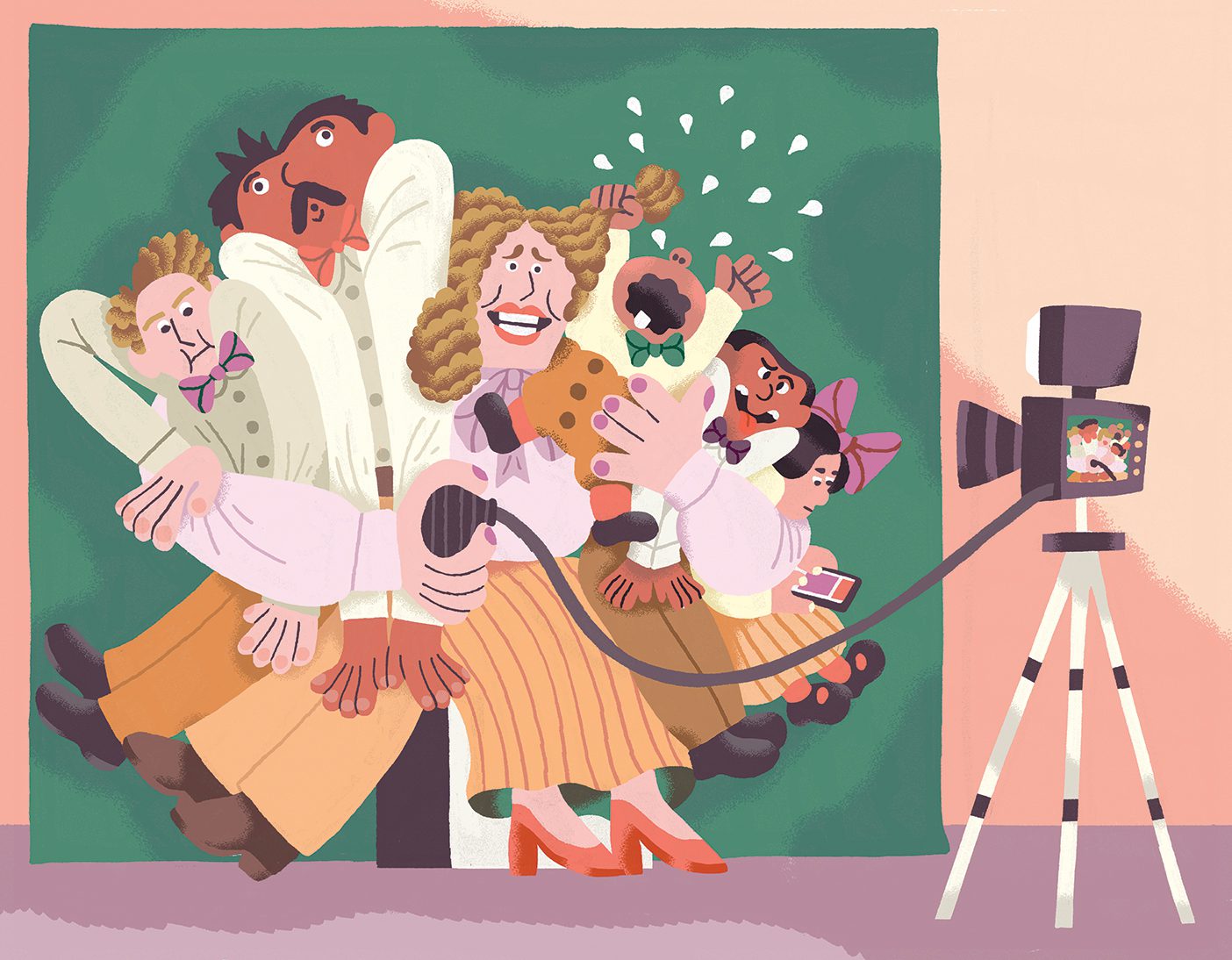 In this whimsical illustration, a distracted family smooshes in to take a family photo.