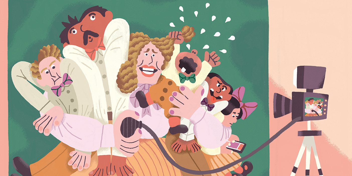 In this whimsical illustration, a distracted family smooshes in to take a family photo.