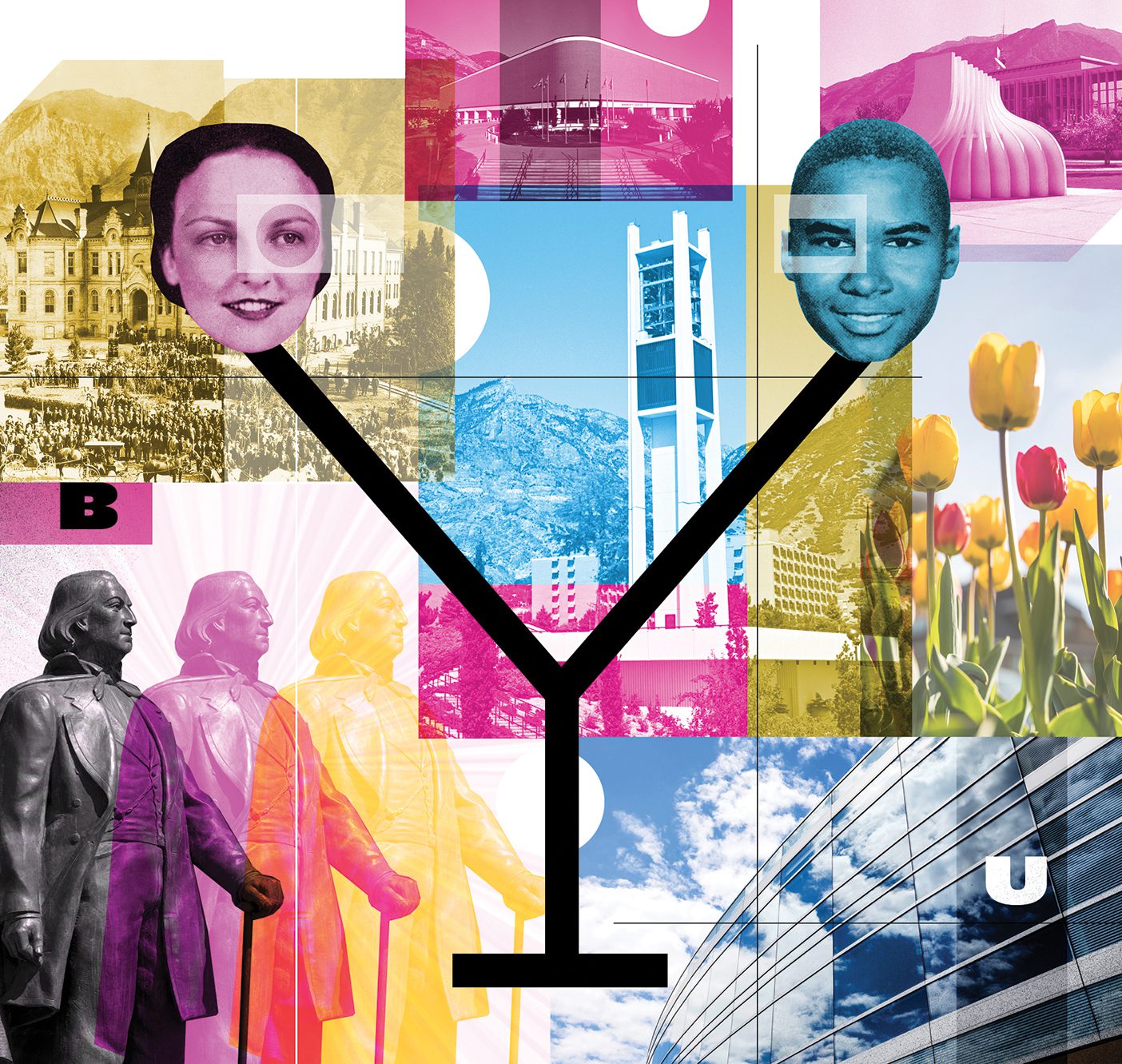 Collage of images related to BYU with the letters B, Y, and U.