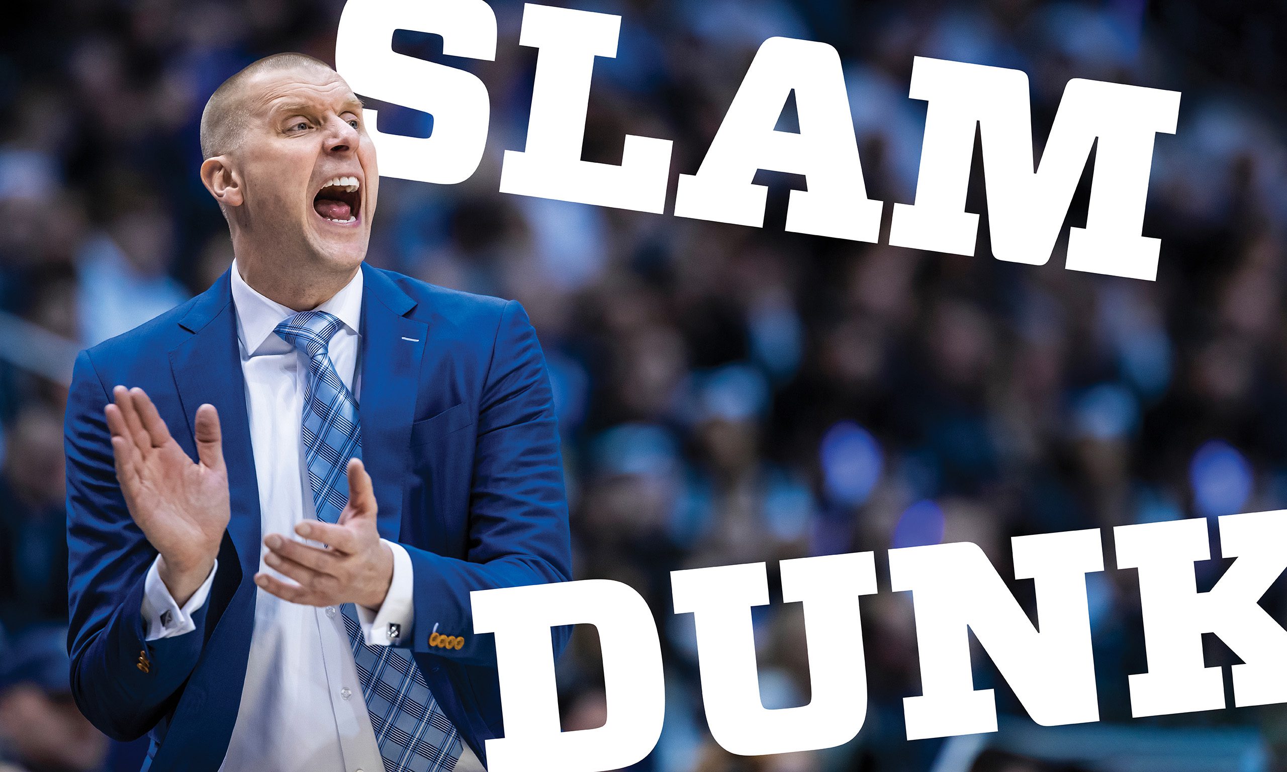 A magazine opening spread showing BYU basketball coach Mark Pope with the title "Slam Dunk."