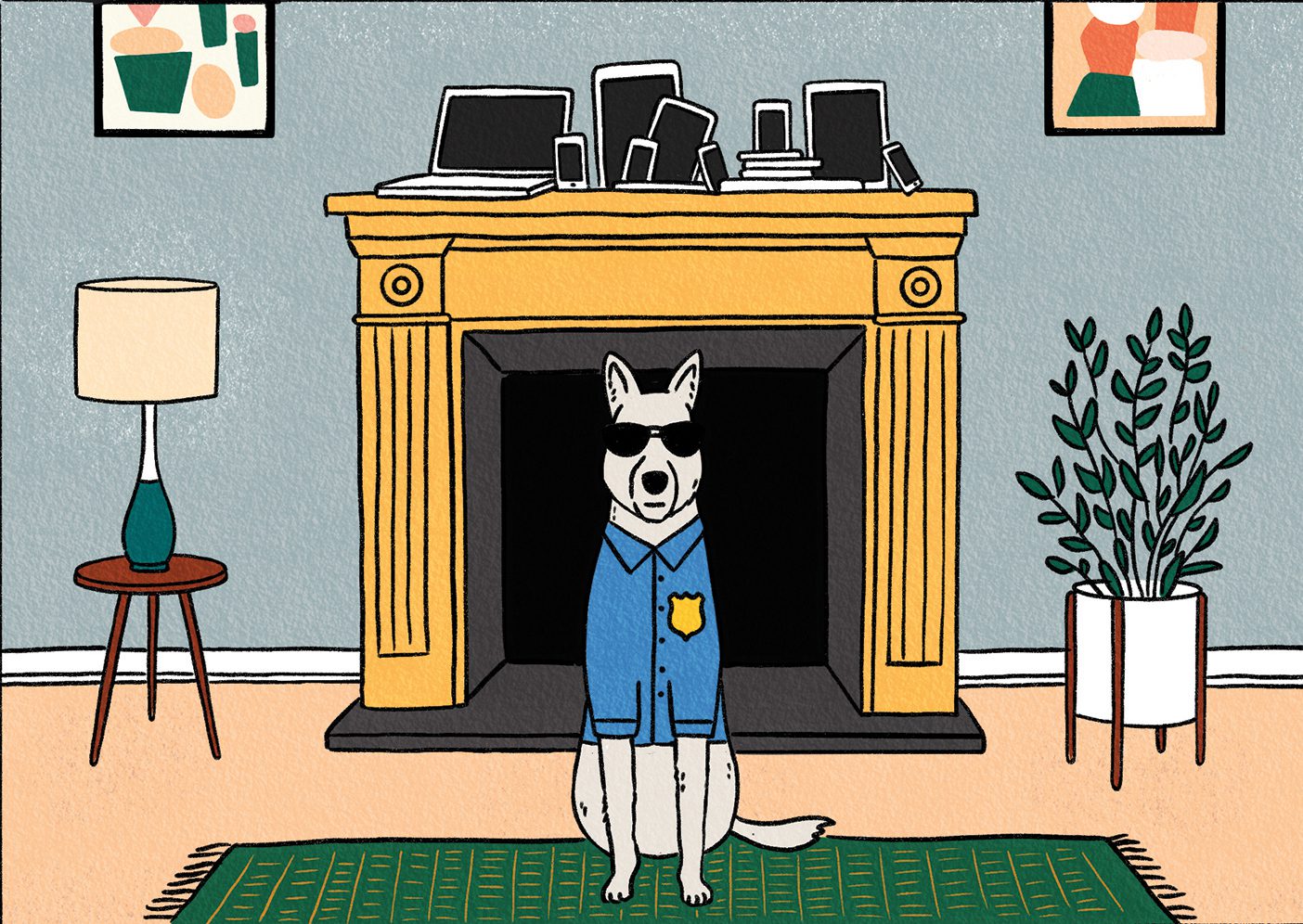Illustration of dog standing watch over a home's electronic devices.