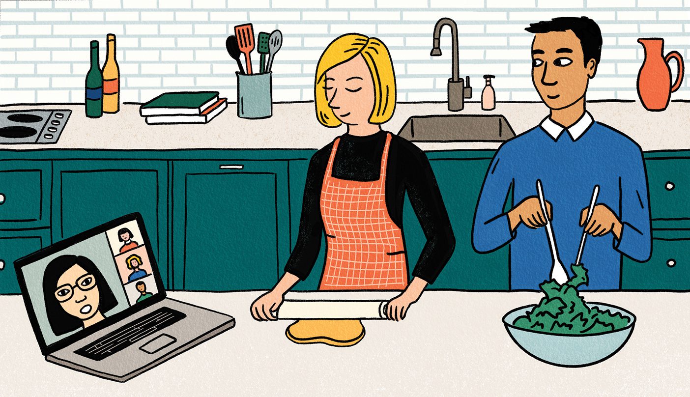 Illustration of a mother and father chat online with a teacher while preparing dinner.