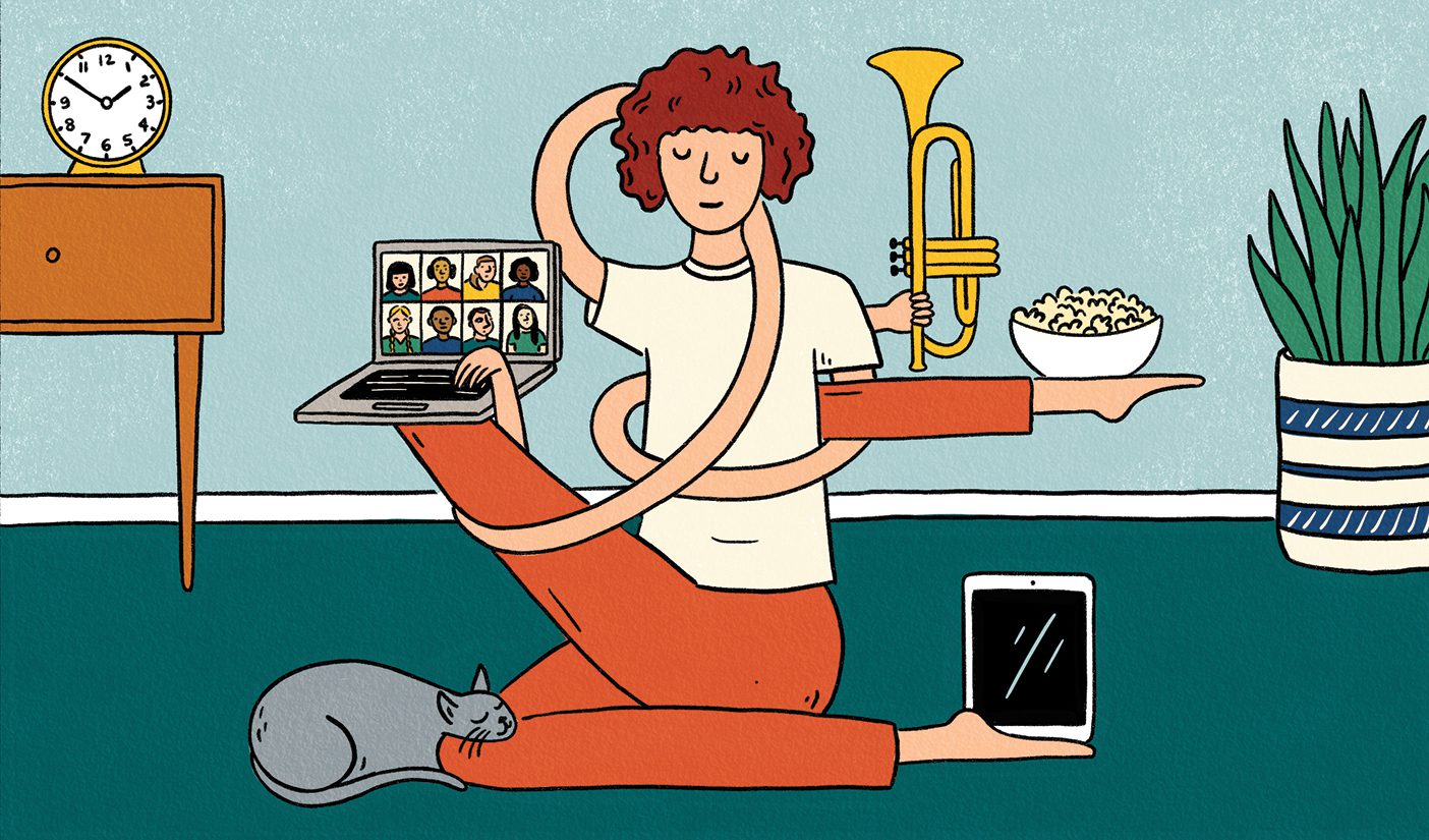 Illustration of girl balancing many things: a laptop, a bowl of food, a musical instrument, an iPad with her limbs stretched around her holding it all up.