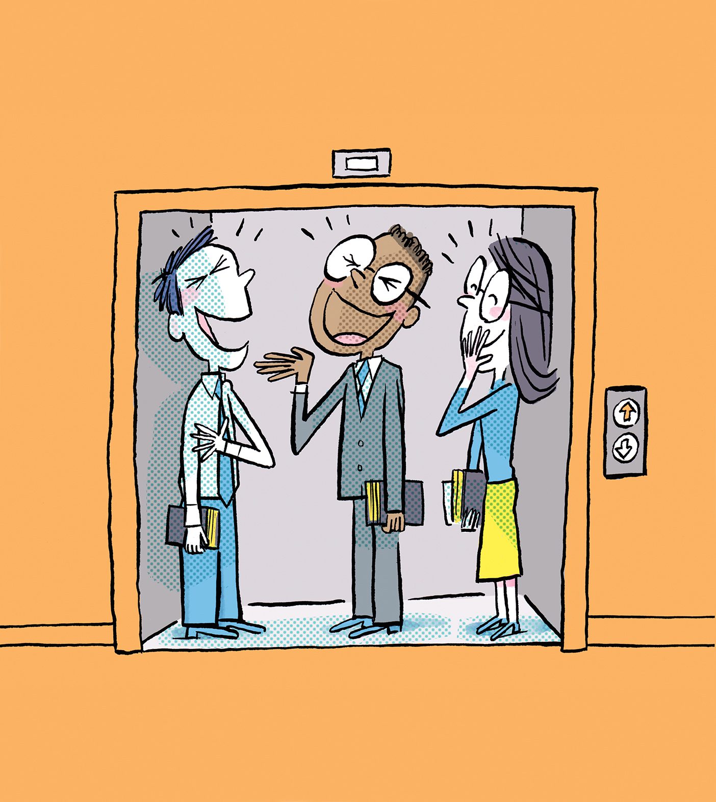 In this cartoon, three BYU students, dressed in Sunday best, laugh together as their elevator's doors open.