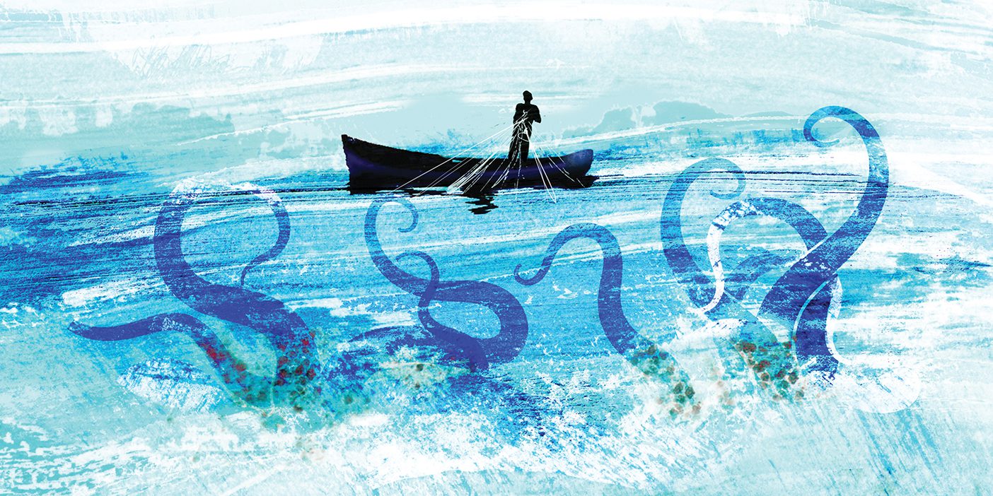 An illustration with of a boat with octopus tentacles coming up from the water. The style is watercolor.