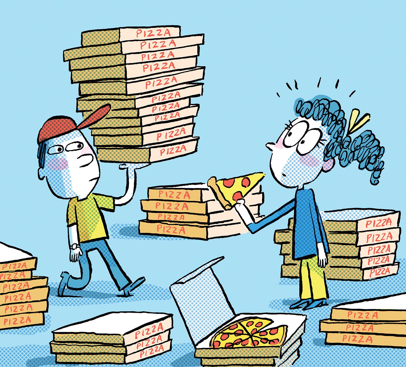 In this cartoon, a pizza delivery guy brings a huge stack of pizzas to a flustered young lady.