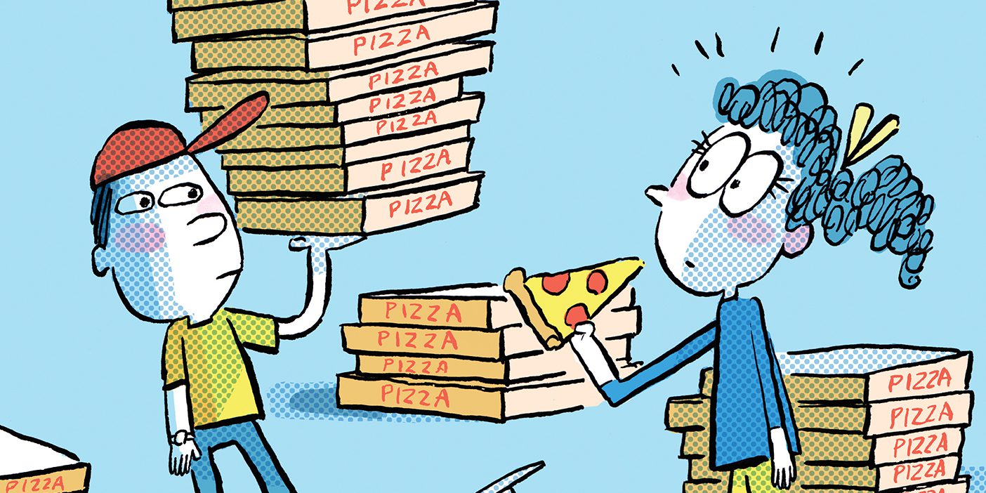 In this cartoon, a pizza delivery guy brings a huge stack of pizzas to a flustered young lady.