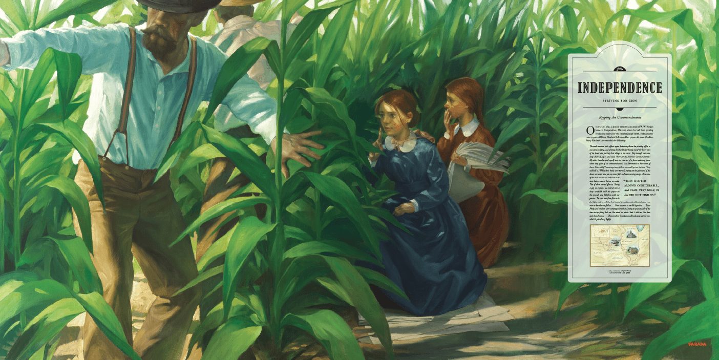 Illustration of Mary Elizabeth and Caroline Rollins holding the printings of the Book of Commandments and hiding in a corn field. They are being chased by a man.