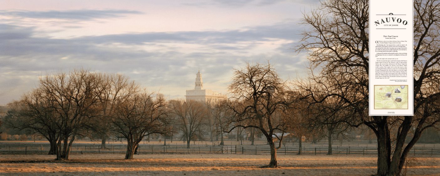A photograph of leafless trees with the Nauvoo Temple in the background.