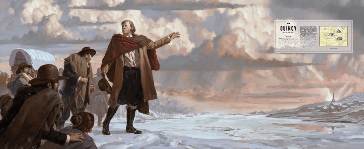 Illustration of Brigham Young leading the Saints across the frozen Mississippi River to Quincy, Illinois.
