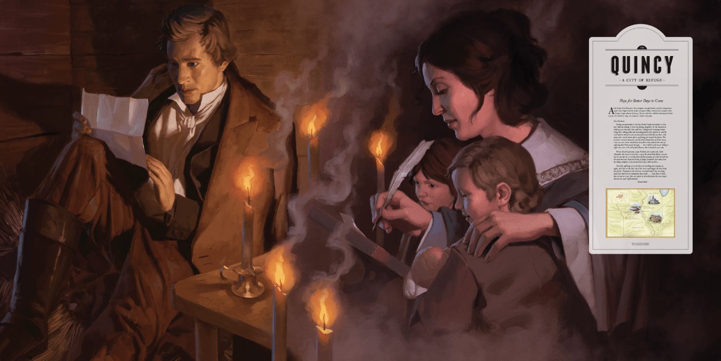 An illustration of Emma Smith with her children writing a letter to Joseph Smith while he was in Liberty Jail. Joseph is shown in the lefthand corner reading the letter.
