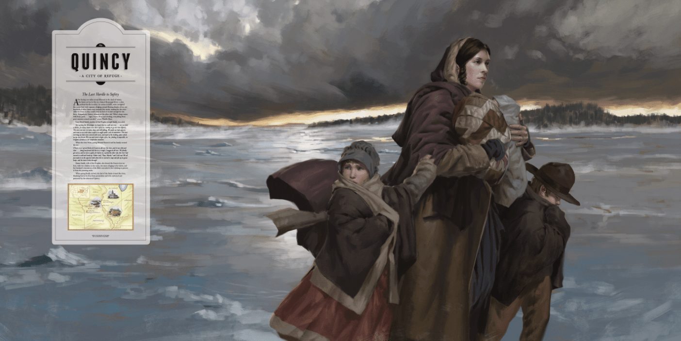 An illustration of Emma Smith and her children crossing the frozen Mississippi River in the dead of winter.