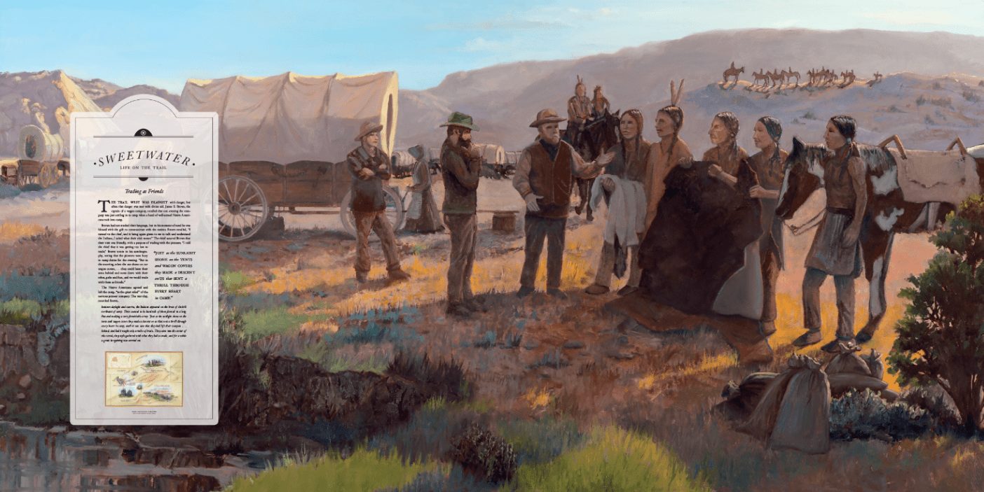 An illustration of a trade meeting between pioneers and the Lakota in Wyoming.