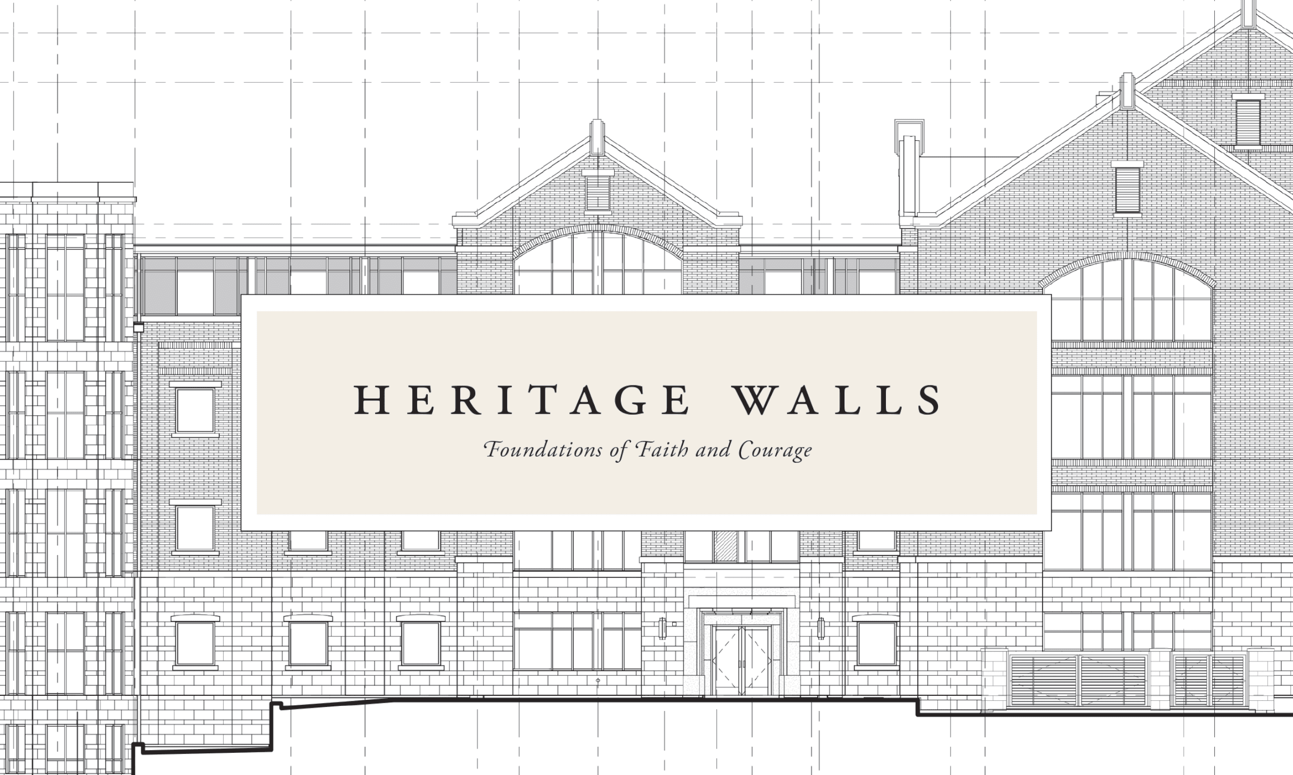 Architectural Drawing of a BYU Heritage Hall with the text "Heritage Walls: Foundations of Faith and Courage"