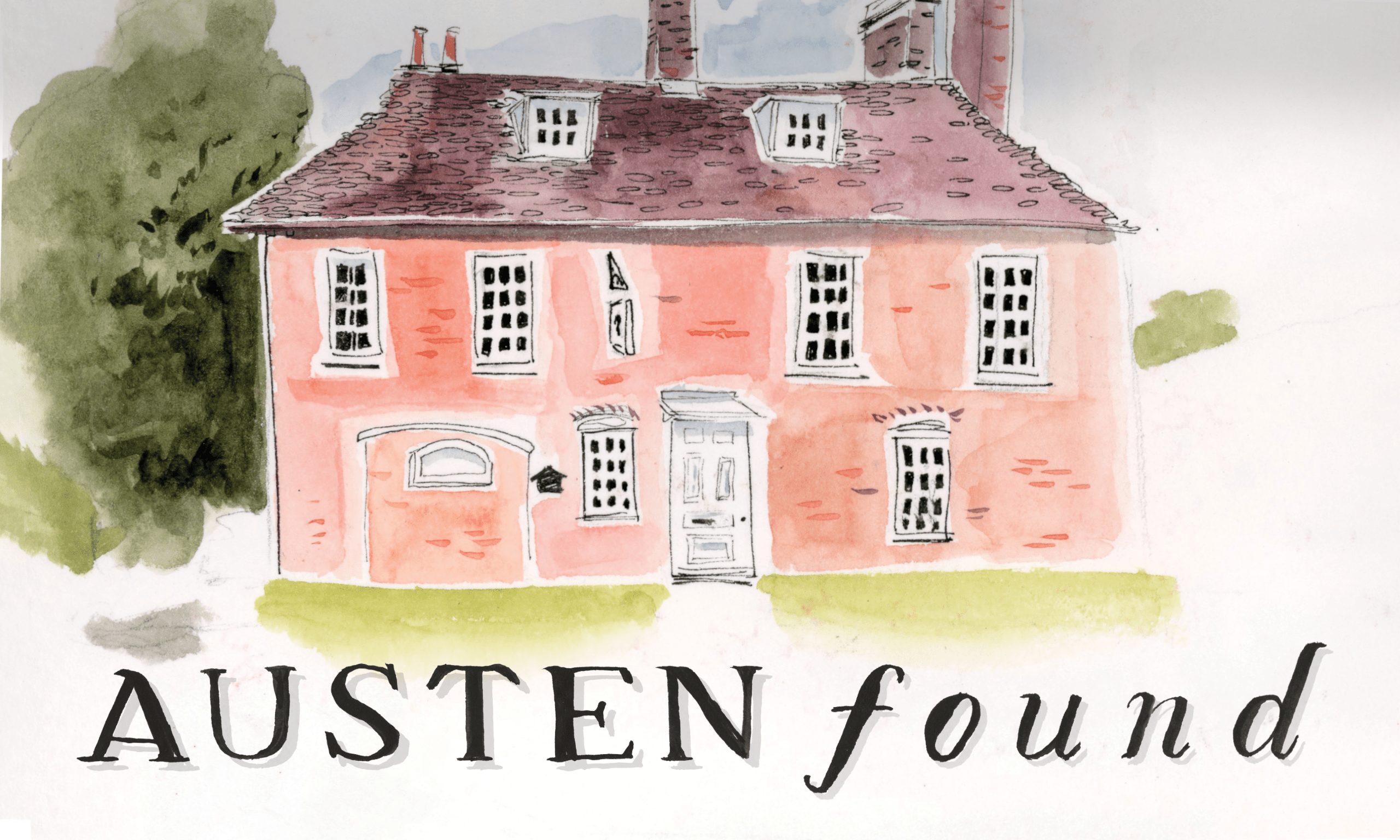 A watercolor illustration of a red English country home with the words "Austen Found" at the bottom.