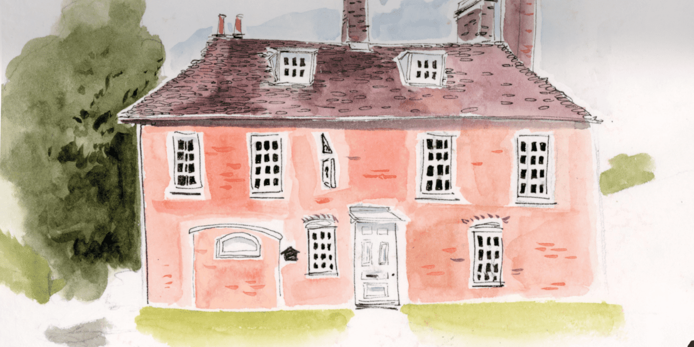 A watercolor illustration of a red English country home.
