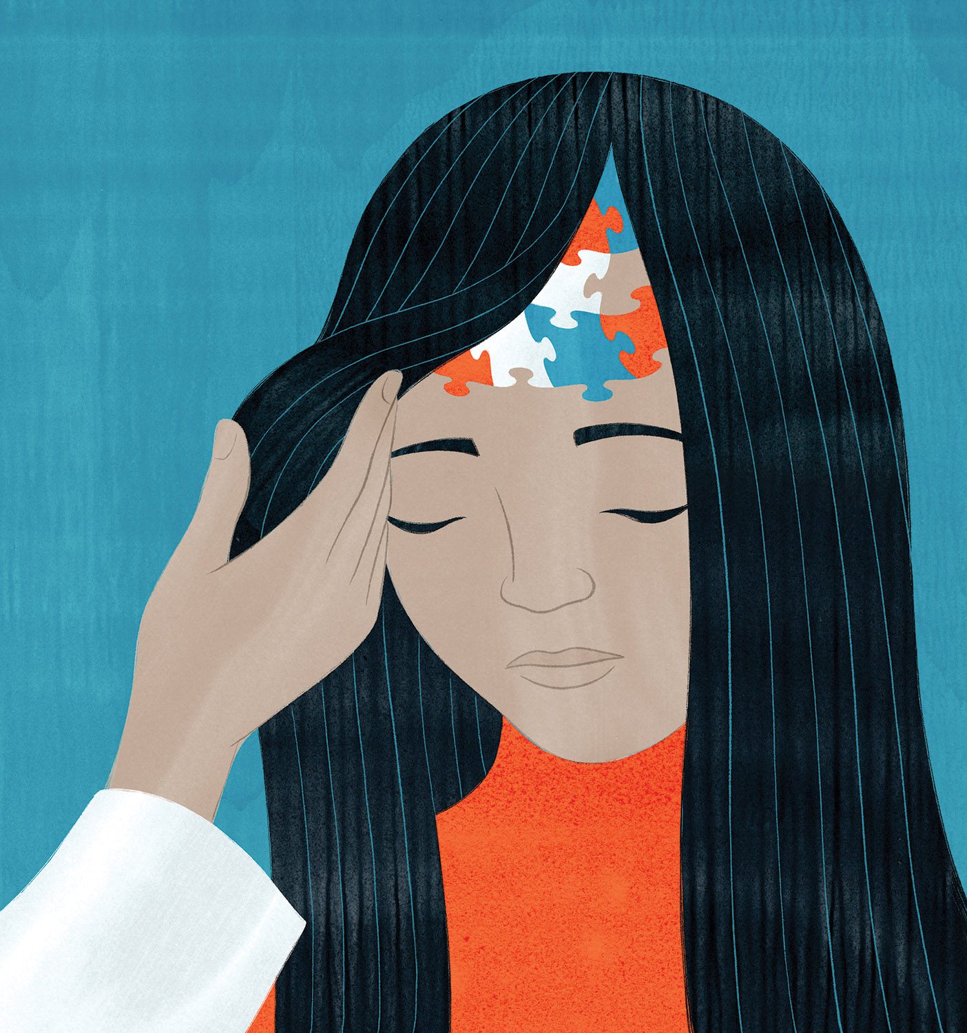 This illustration depicts a young woman with autism. A hand reaching in brushes the subject's hair aside to reveal some colorful puzzle pieces on her forehead.