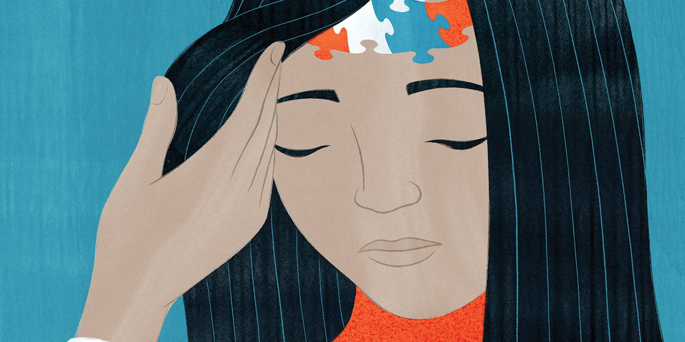 This illustration depicts a young woman with autism. A hand reaching in brushes the subject's hair aside to reveal some colorful puzzle pieces on her forehead.