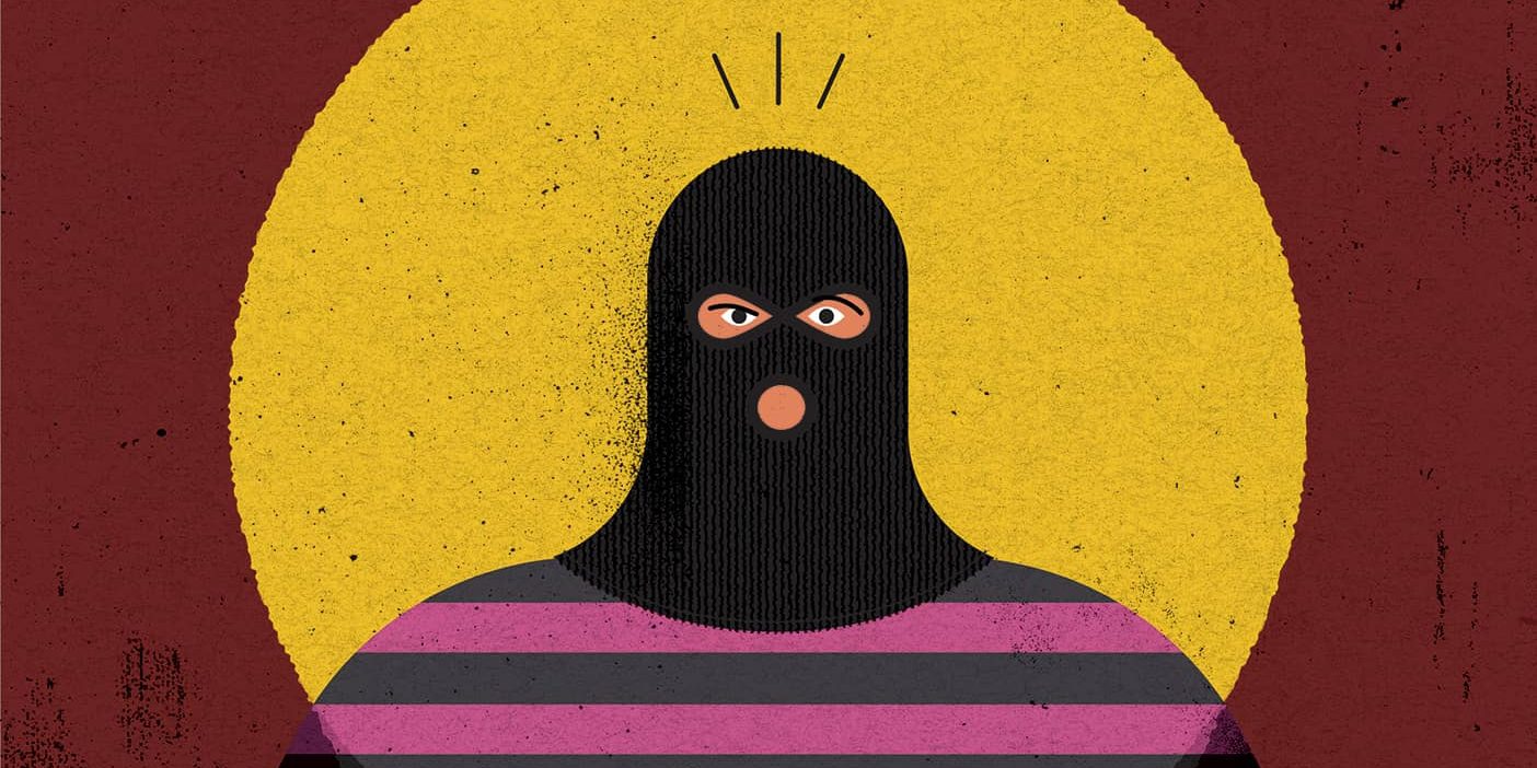 An illustration of a man wearing a black ski mask.