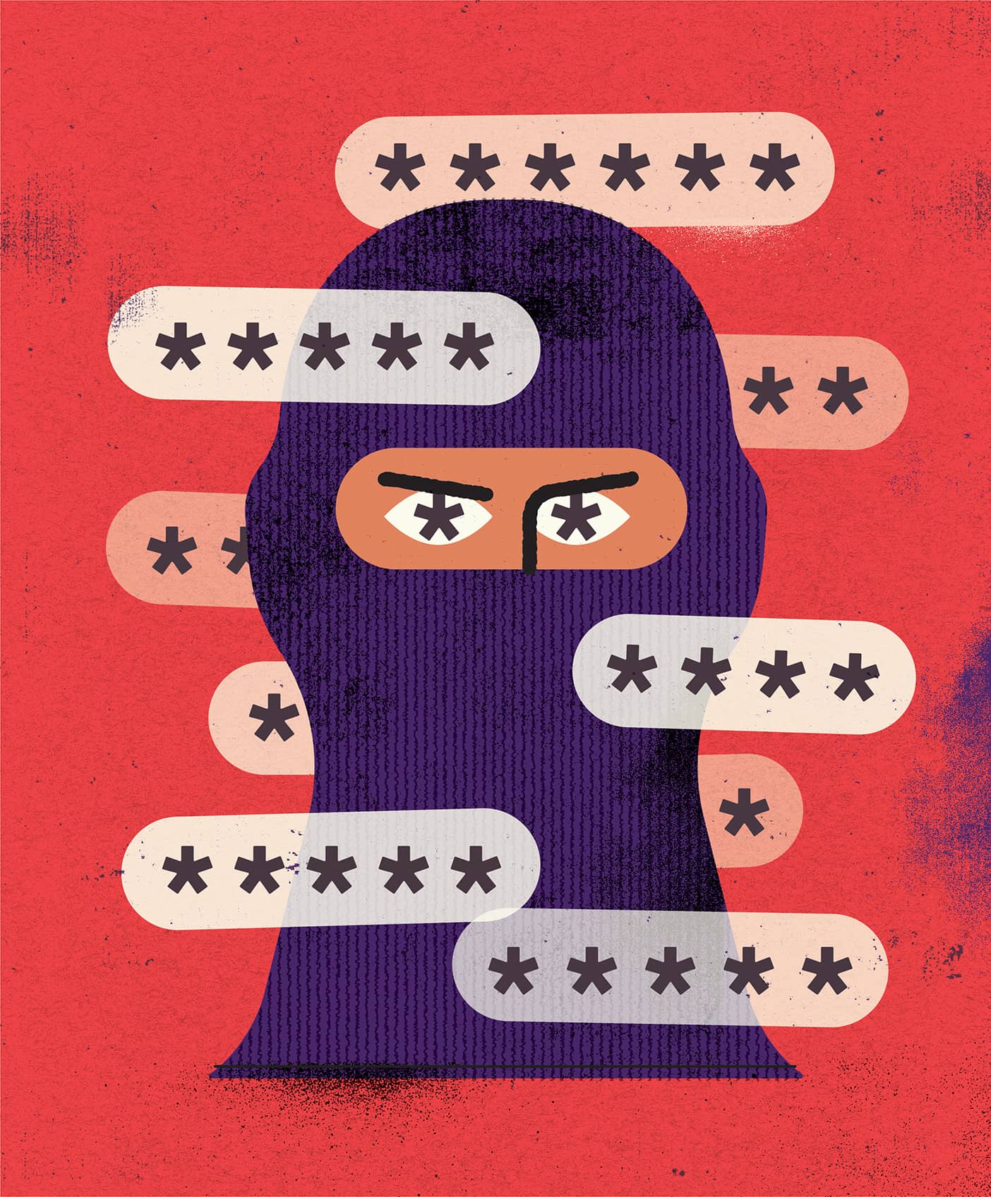 An illustration of a man in a ski mask with a bunch of lines of asterisks floating around his head representing passwords.