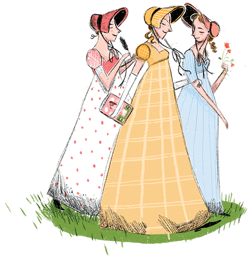 An illlustration of three women wearing Regency dresses and bonnets.