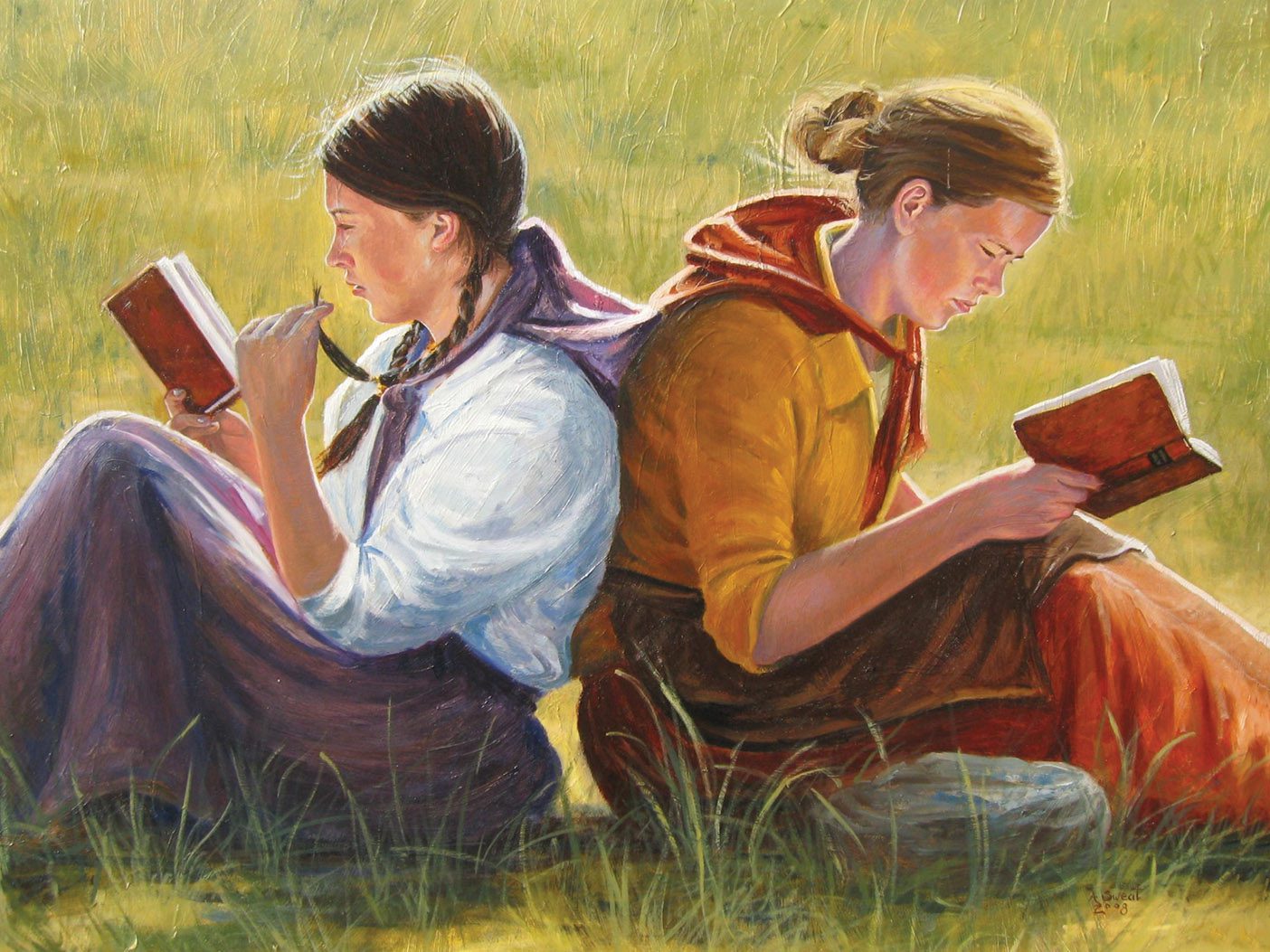 An illustration by Anthony Sweat of two pioneer girls sitting back to back studying scriptures.