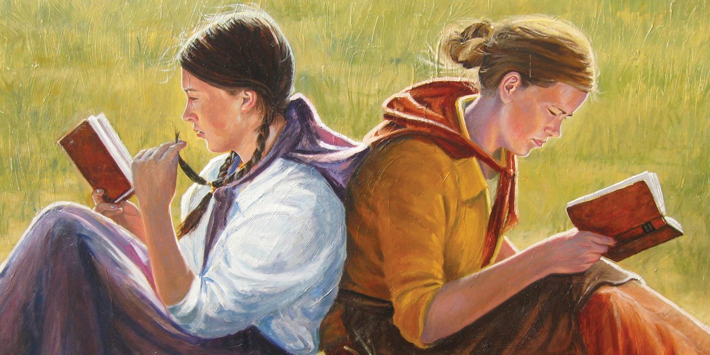 An illustration by Anthony Sweat of two pioneer girls sitting back to back studying scriptures.