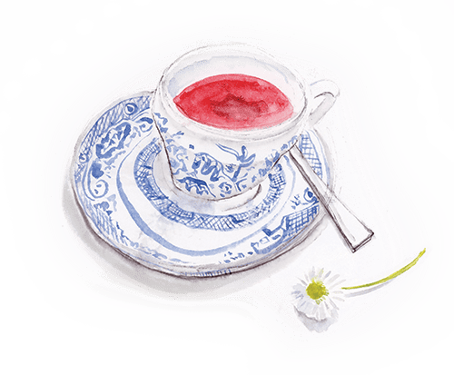An illustration of a blue and white teacup filled with pink tea and a blue and white saucer. A little dainty white flower sits beside the cup.