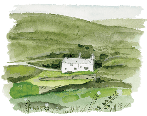 Watercolor illustration of an English house in the green countryside.
